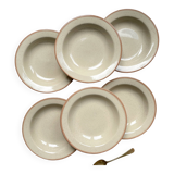 6 Deep plates in speckled beige stoneware, Tulowice style, Poland 1970