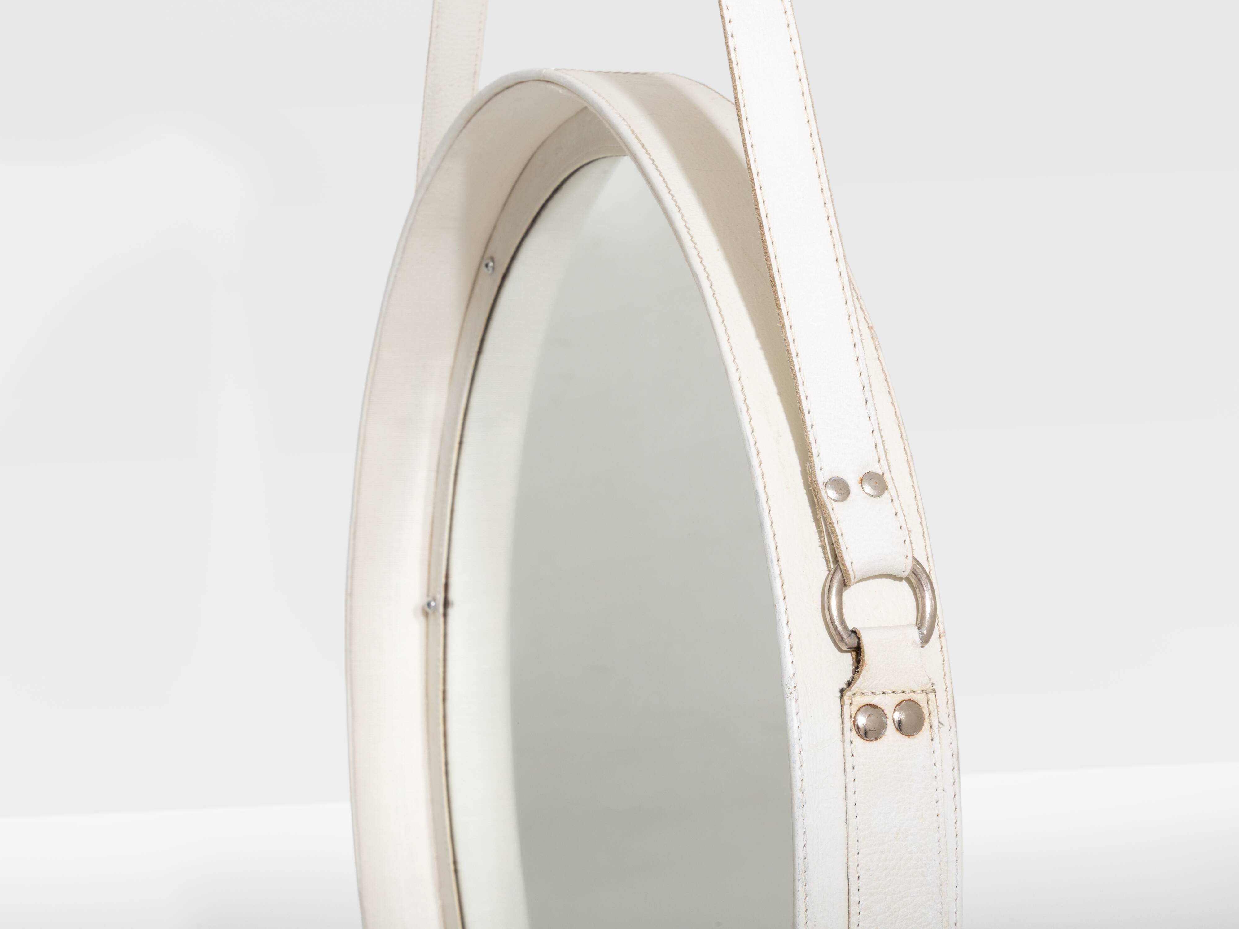 Jacques Adnet original cream leather mirror from around 1940.
