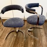 2 chaises "space age" velours bleu gris remises à neufs