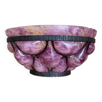 Speckled purple blown glass bowl mounted on iron by André Delatte