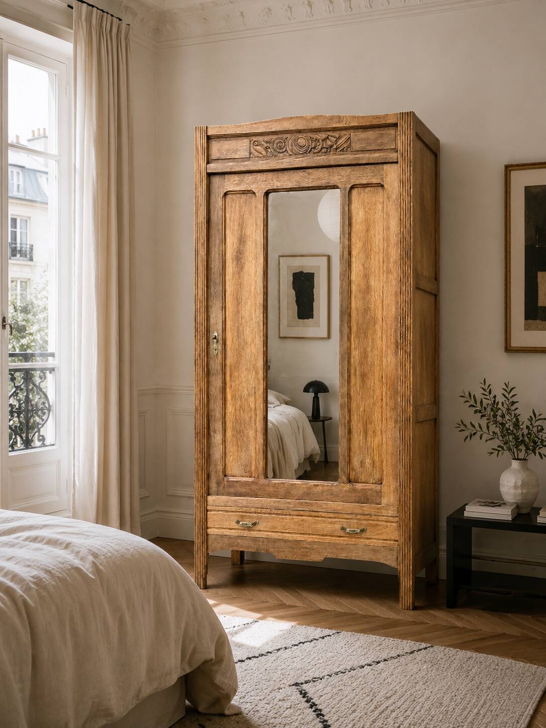 Art Deco bonnetière wardrobe from Paris in raw and solid oak.