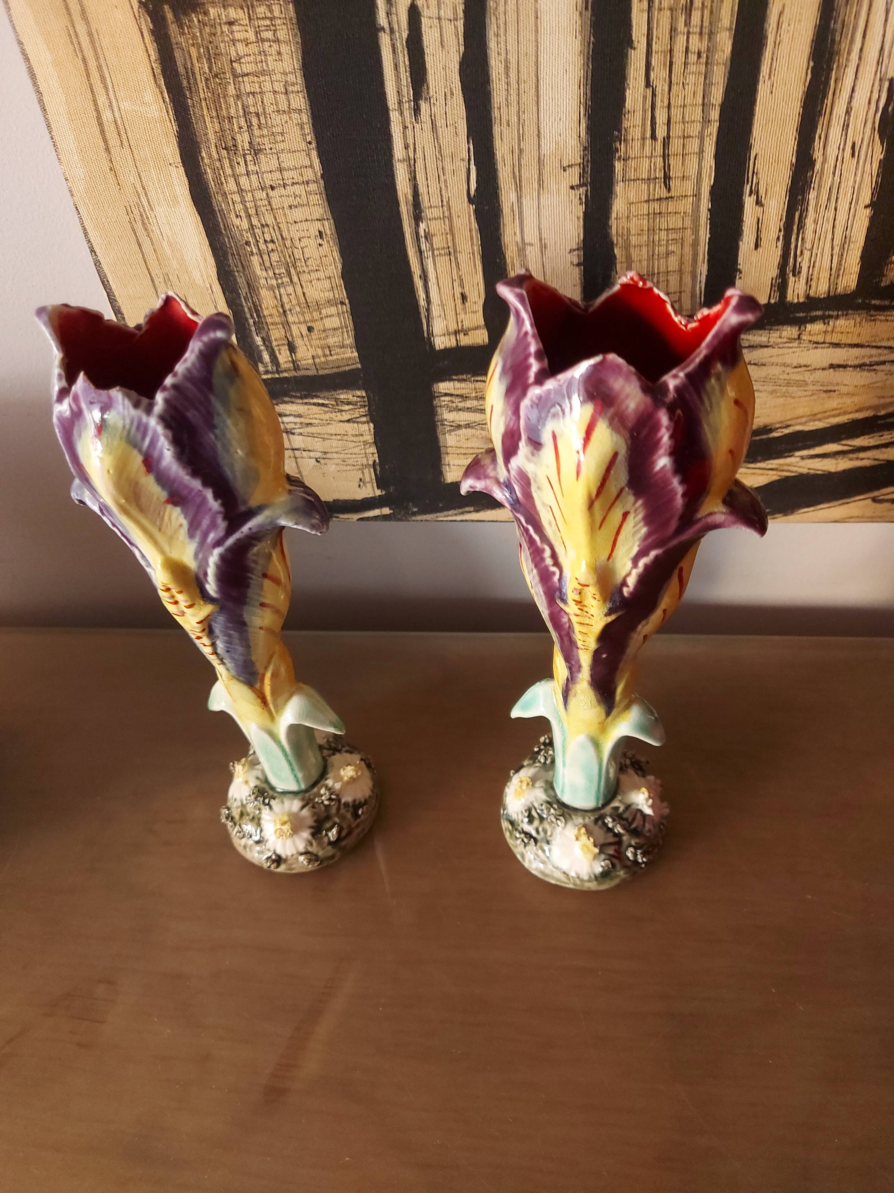 Pair of art nouveau slip vases, soliflore, iris