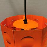 Danish Space-Age hanging lamp from the 80s, made in orange metal with cut-outs.