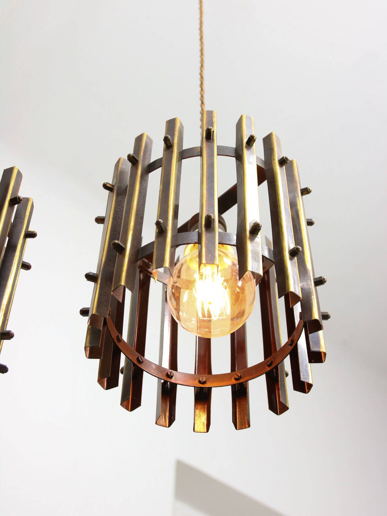 Vintage Italian Brass Cage Pendant Lamps, 1970s, set of 2