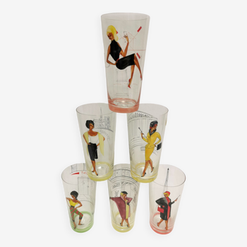 6 verres décor émaillé vintage . motif femme pin'up années 50 . villeroy & boch saar