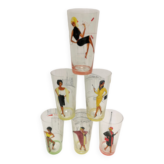 6 glasses vintage enamelled decoration. Pattern woman pin'up 50s. Villeroy & Boch Saar