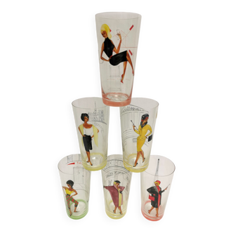 6 verres décor émaillé vintage . motif femme pin'up années 50 . villeroy & boch saar