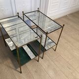 Pair of neo classic side tables in brass and oxidized mirror