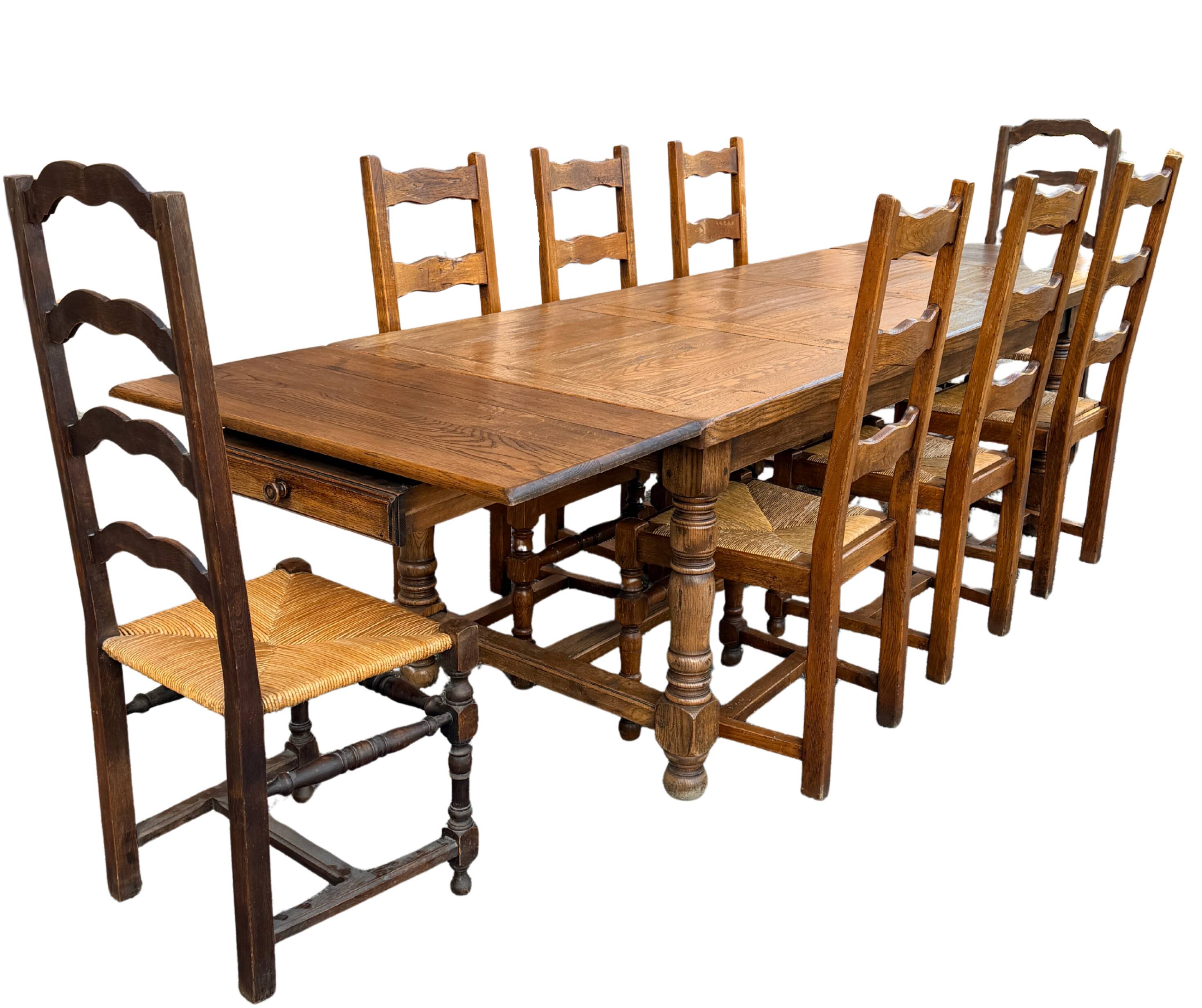 Large farmhouse table made of solid wood.