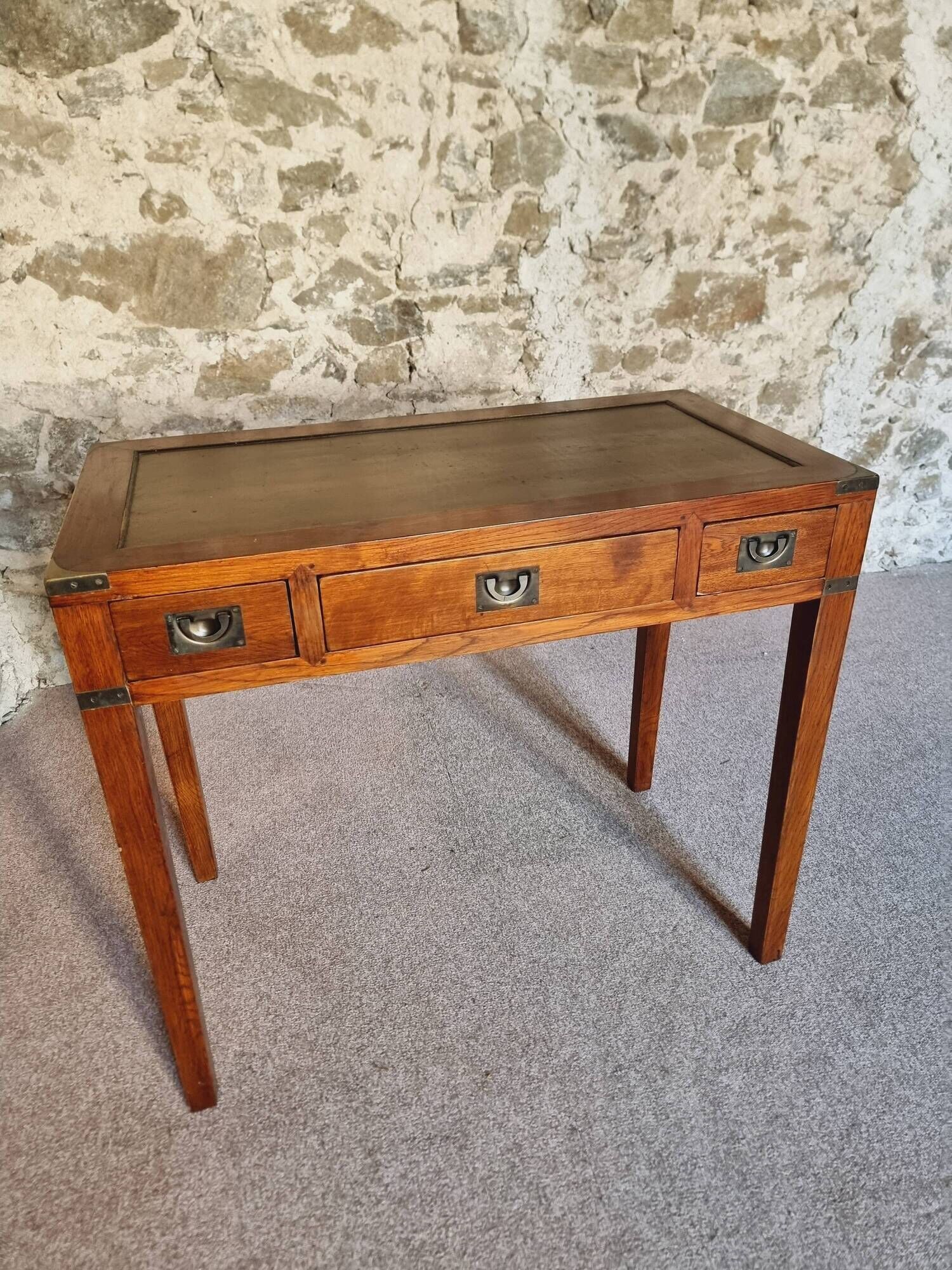 Vintage oak desk – 1970s – Green leather top and 3 drawers