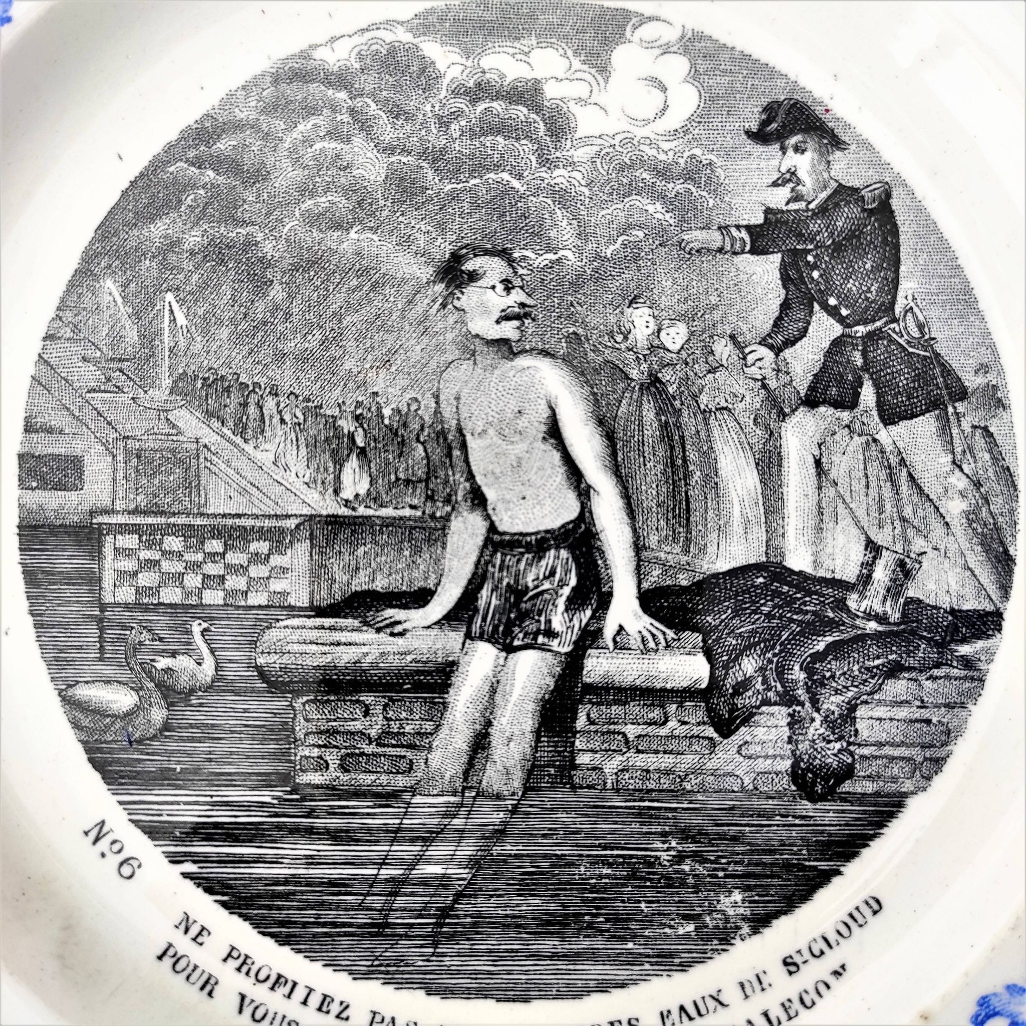 Earthenware plate Creil Montereau Histoire de Rire N° 6 Swimming in ST CLOUD