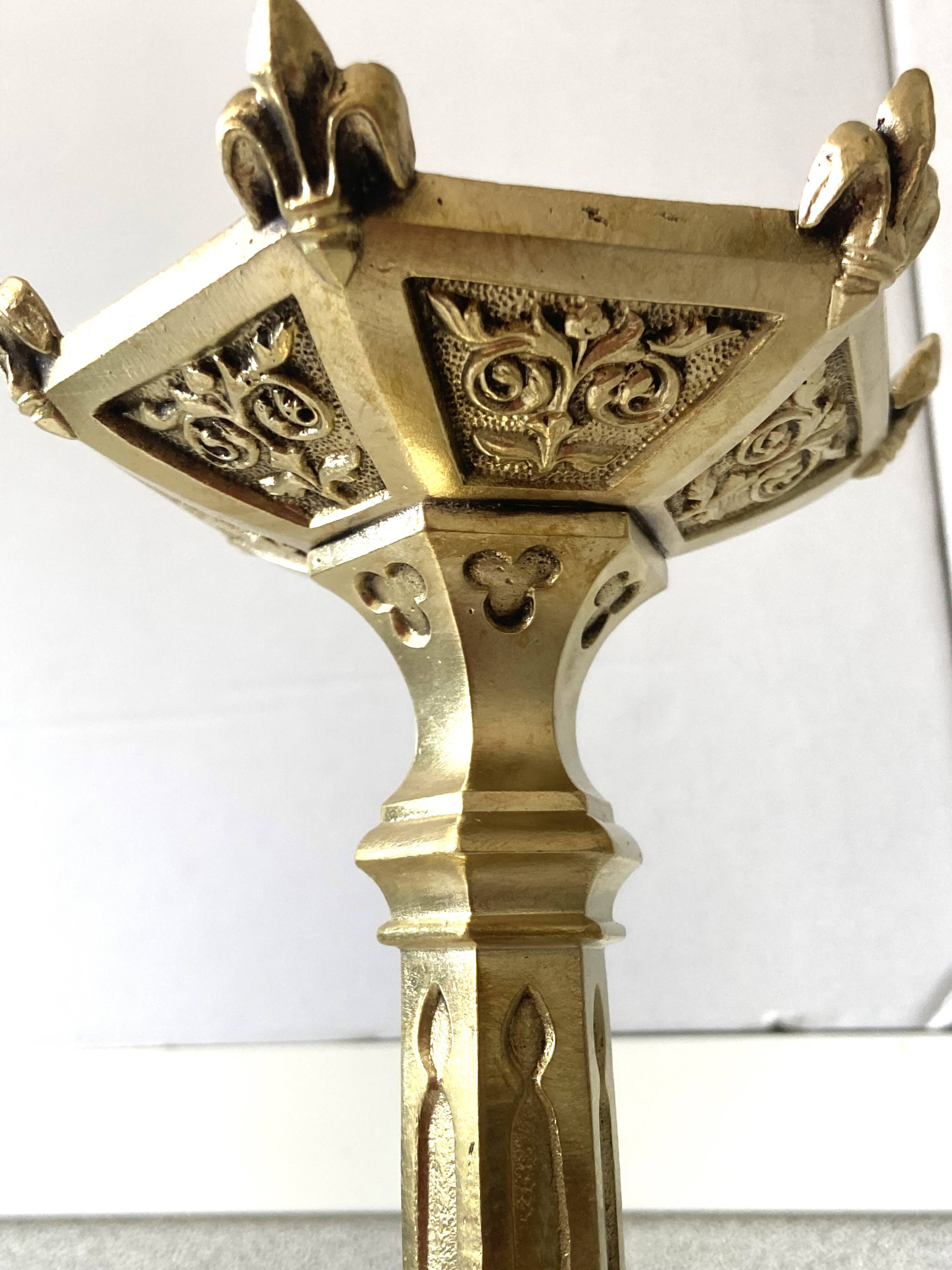 Pair of Antique Gothic Revival Candle Holders in Gold Bronze