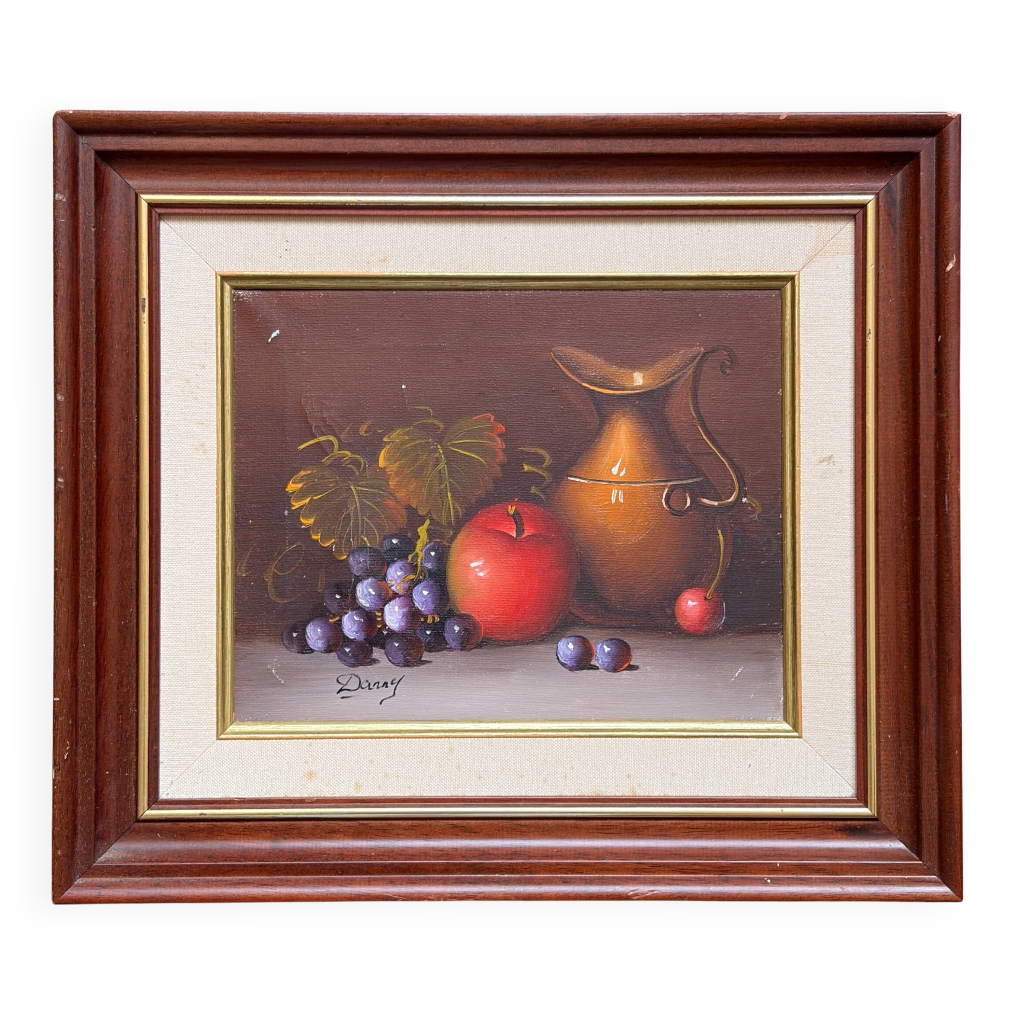 Still Life Table Fruits and Copper Jug Oil Signed Danny Wooden Frame