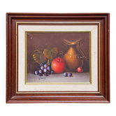 Tableau Nature Morte Fruits et Pichet Cuivre Huile Signée Danny Cadre Bois
