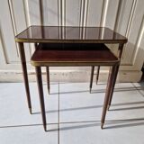 Set of 2 nesting tables in exotic wood veneer, tapered legs and