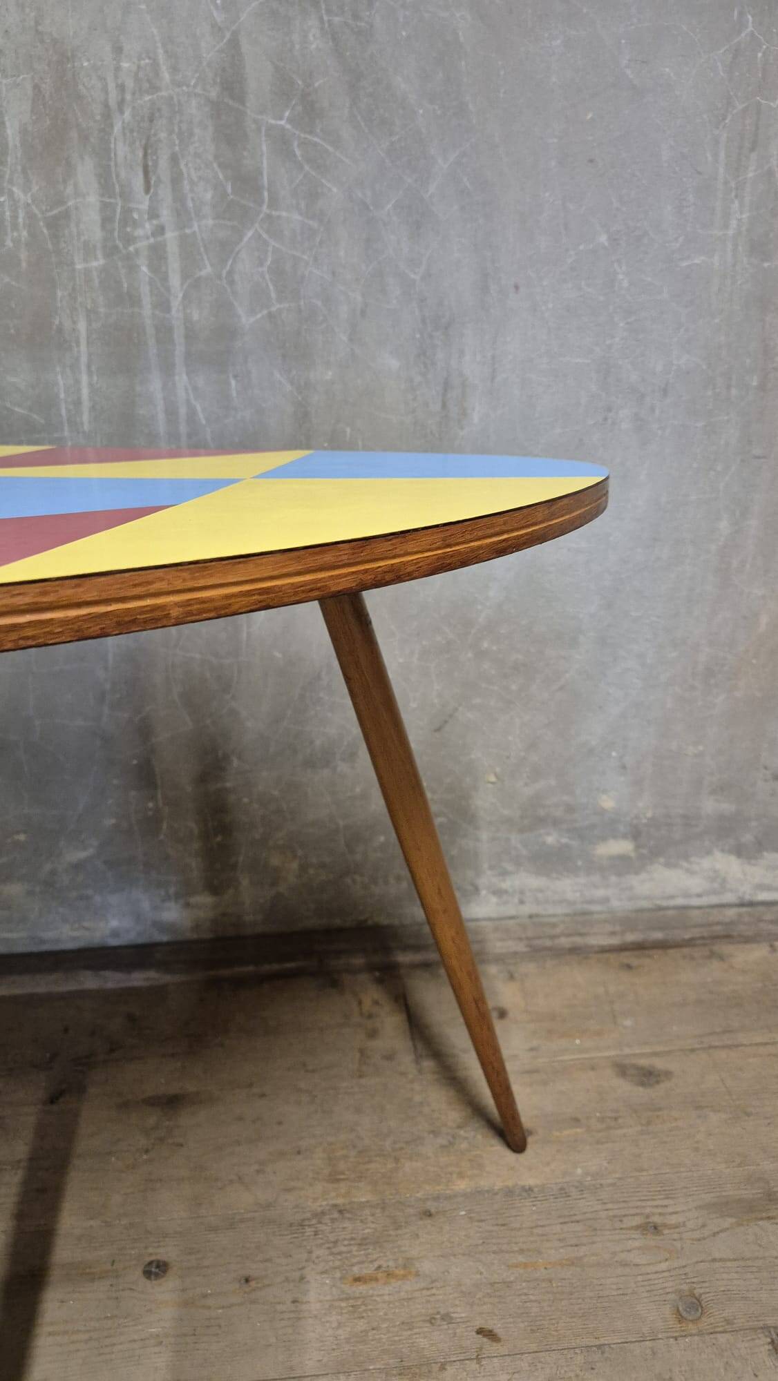 Czechoslovak table in Brussels style, made of oak and colourful umakart, 1950s.
