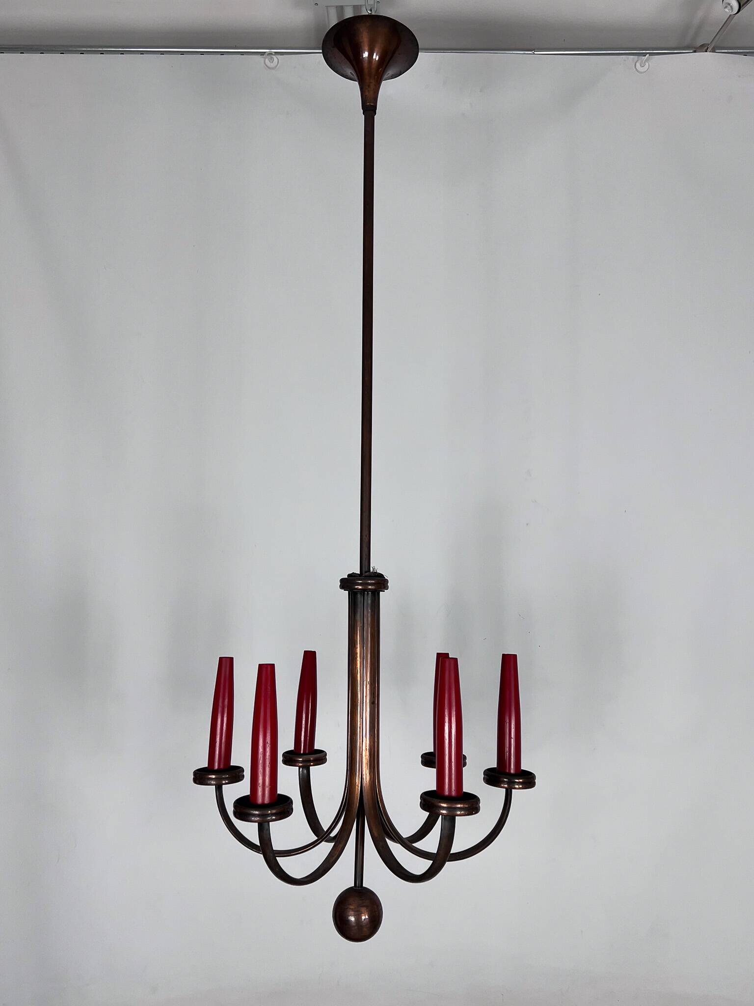 Mid-Century Modern six arms copper chandelier in Gio Ponti style. Italy 195