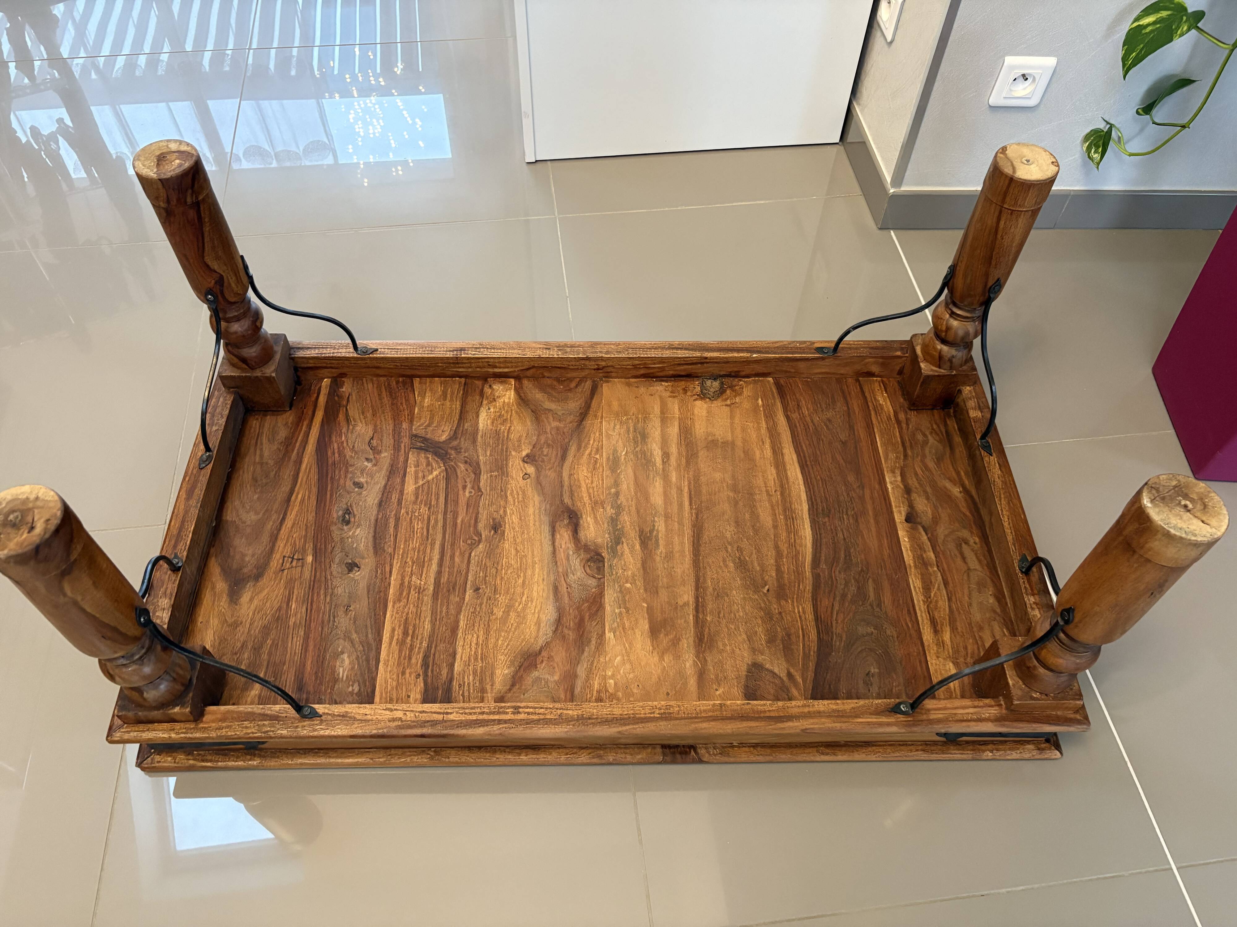 Solid oak carved coffee table with glass top