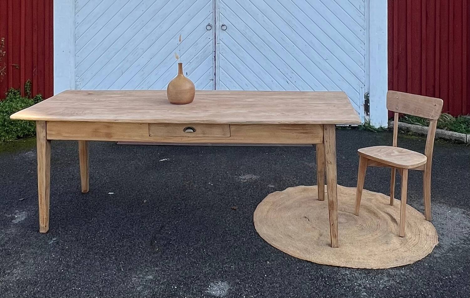 Large antique farmhouse table with 2 drawers in raw solid wood.