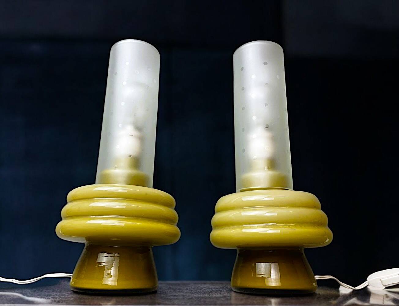 Olive green opaline glass table lamps