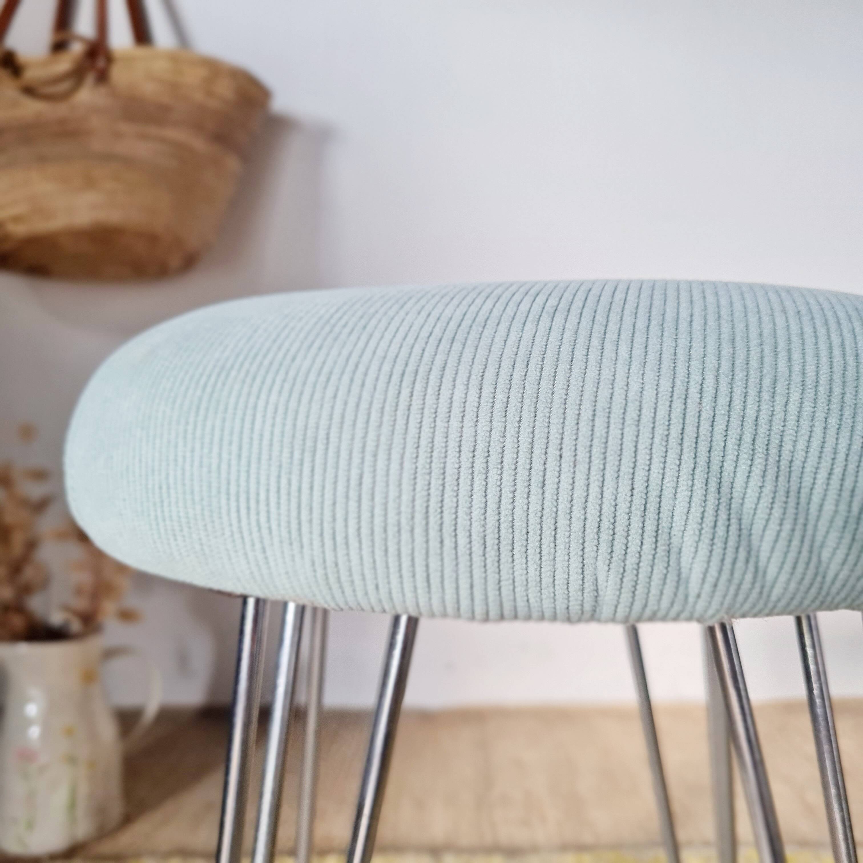 Vintage 1950s stool, metal tapered legs and velvet.
