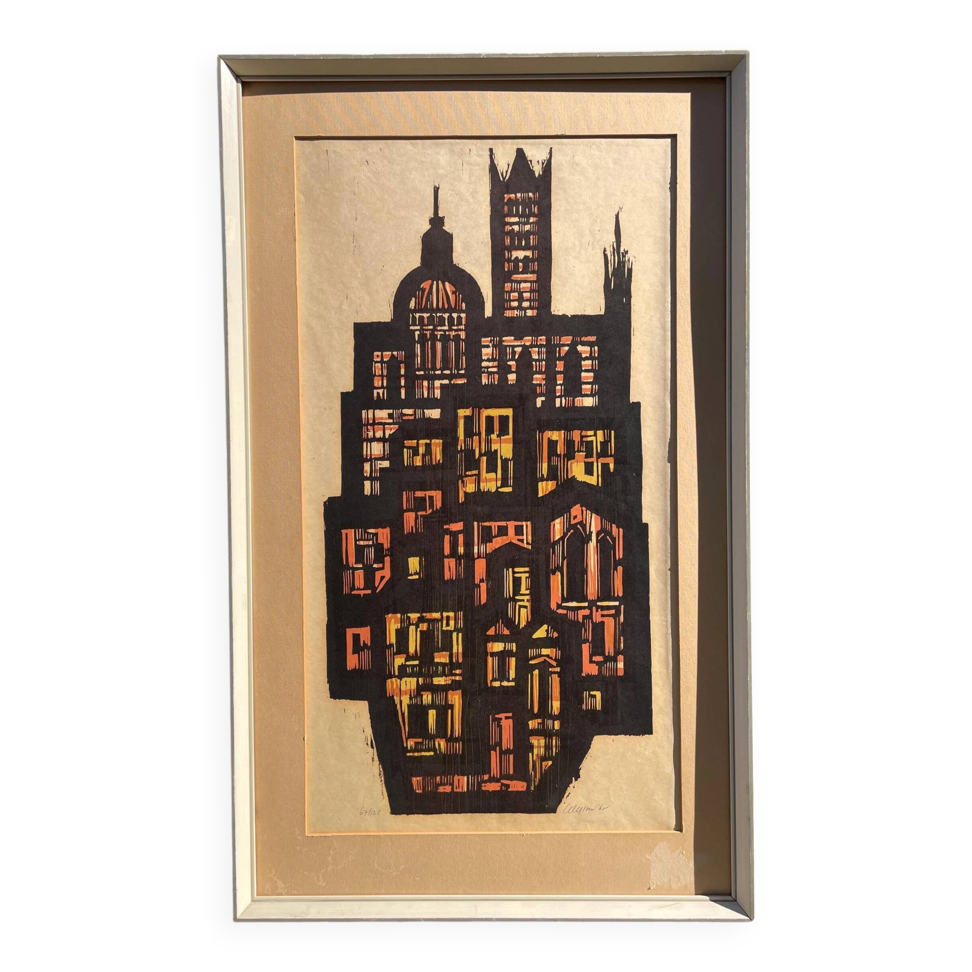 Lithographie de paysage urbain signée au crayon par Akke Sins, vintage des années 1960.