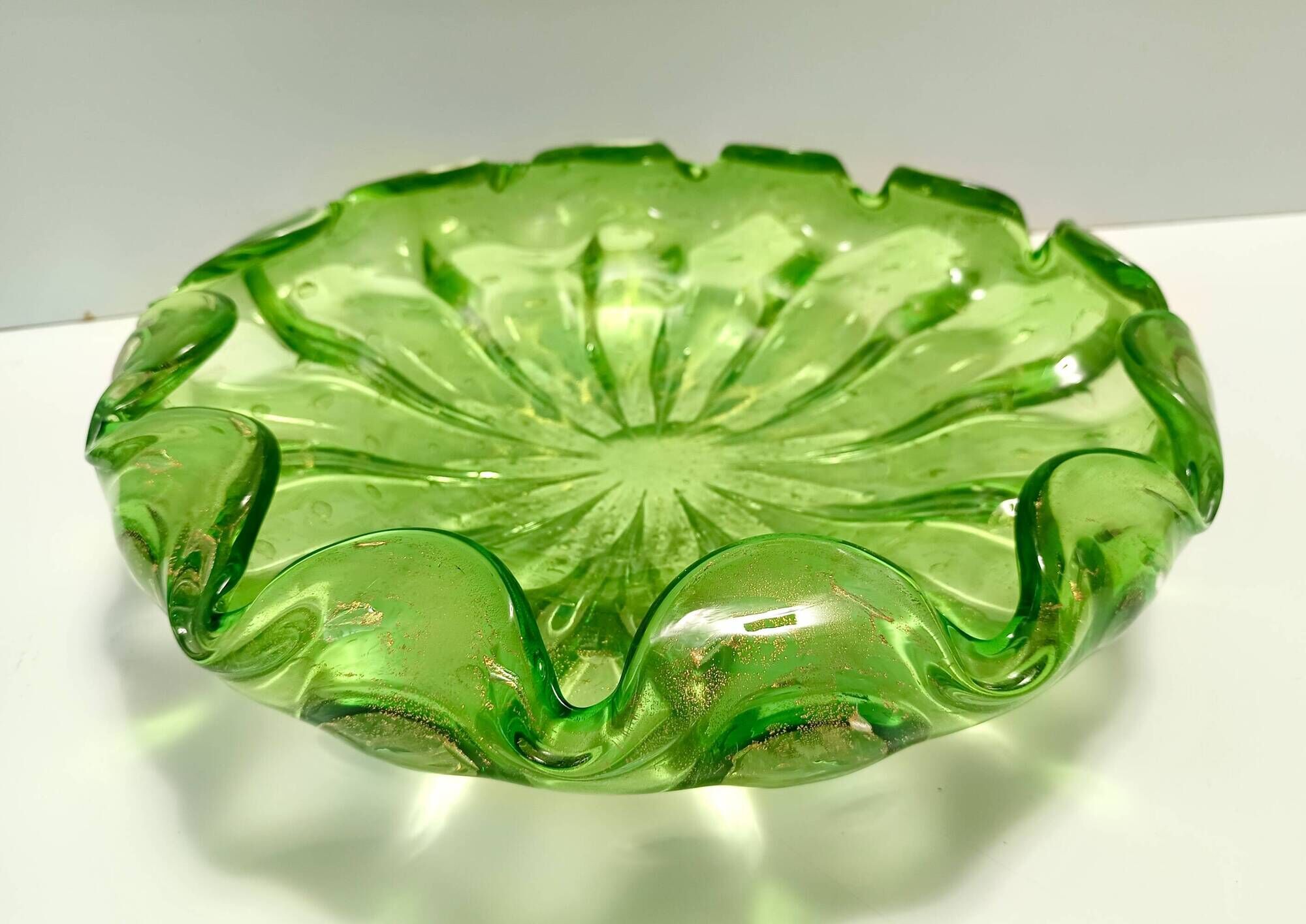 Large Green Bullicante Murano Glass Bowl or Centerpiece with Gold Leaf