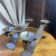 Brutalist wrought iron candlestick pair