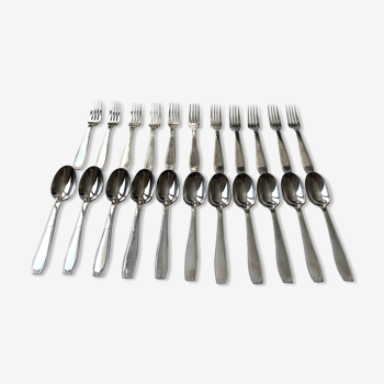 Couverts Christofle 22 pièces - 11 fourchettes de table et 11 cuillères à soupe - Art déco - Métal argenté