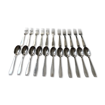 Couverts Christofle 22 pièces - 11 fourchettes de table et 11 cuillères à soupe - Art déco - Métal argenté