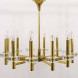 Brass and glass disc pendant light in the style of Gaetano Sciolari, mid-century, Italy, 1970s.