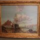Large oil painting on canvas marine late 19th "the berthing of the sailboat"