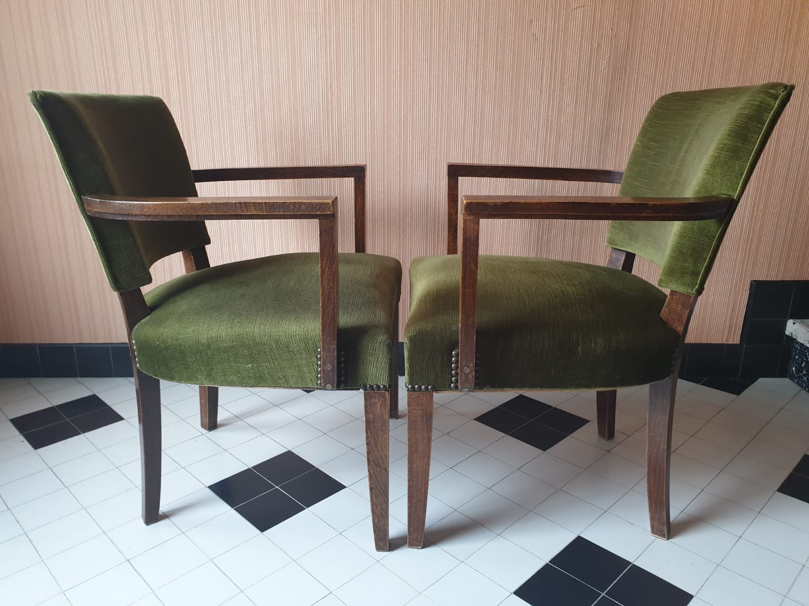 Pair of bridges in green velvet and dark wood