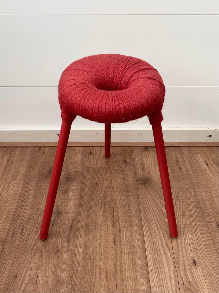 Ikea Red Metal and Wool Three pod Stool, Model Eskilstuna, 1990s
