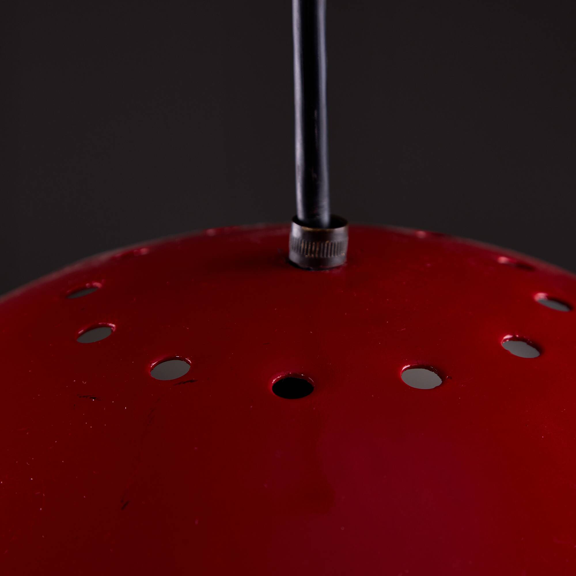 Italian, Hemispherical Red Aluminum Pendant with Round Holes on Top, 1970s