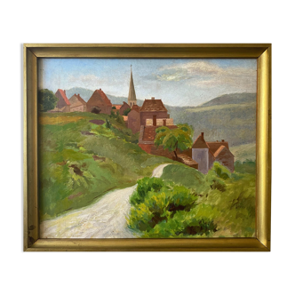 Tableau HST "Le Village dans la vallée" début du siècle dernier ec. Pont Aven