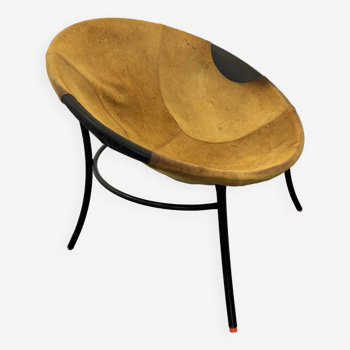 Italian Tan Suede and Black Leather Saucer Chair