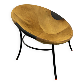 Italian Tan Suede and Black Leather Saucer Chair