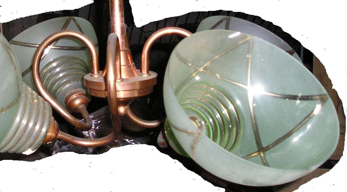 4-light copper and glass pendant chandelier, vintage 1950s