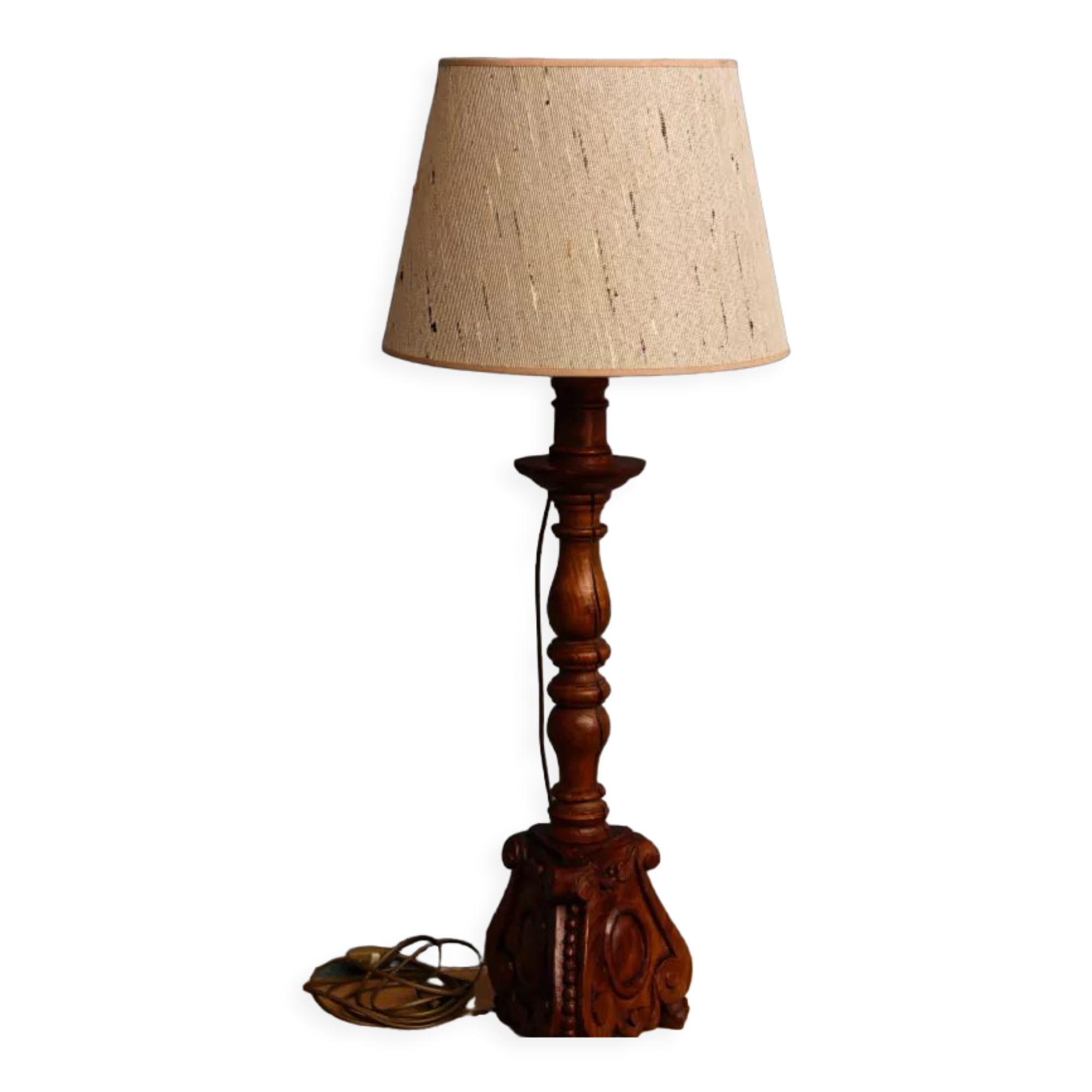 Carved wooden lamp, fiber shade
