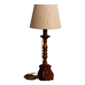 Carved wooden lamp, fiber shade