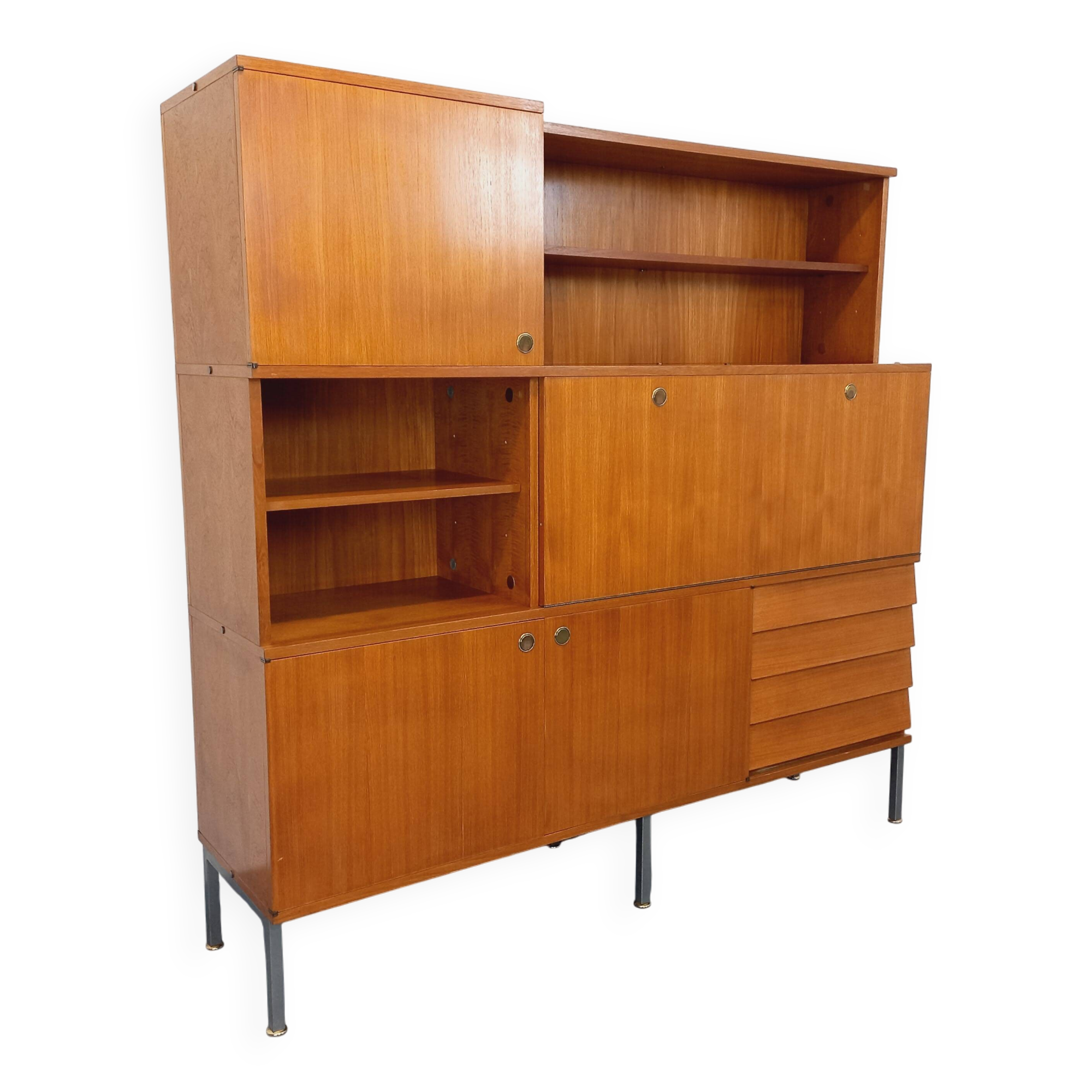 Louis Paolozzi modernist teak bookcase and secretary storage unit