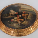 Painted medallion panel and varnish decoration hens, roosters signed G.Roy