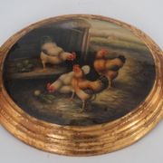 Panneau médaillon peint et vernis décor poules, coqs signé G.Roy