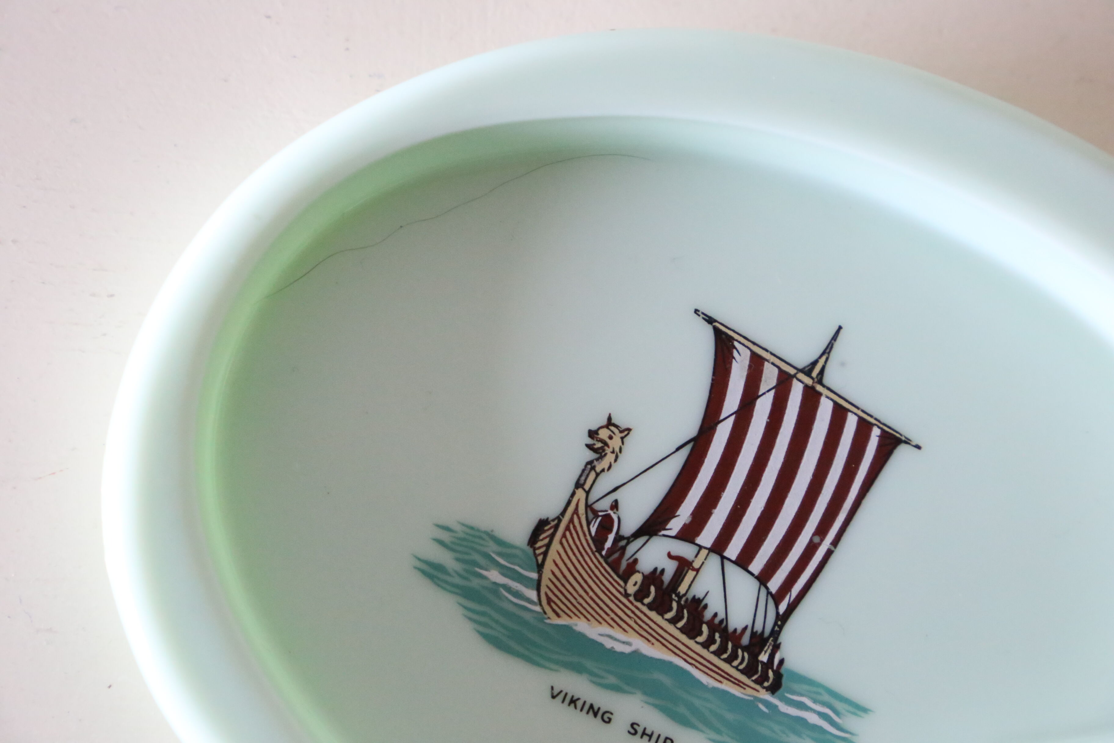 Opaline ashtray, mint color, Viking boat, vintage