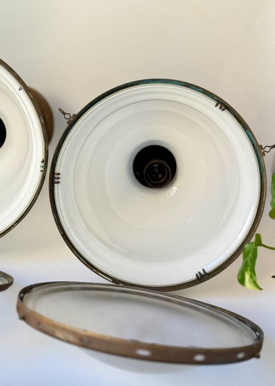 Bauhaus Art Deco Suspension Set in Opaline Glass and Brass 1930