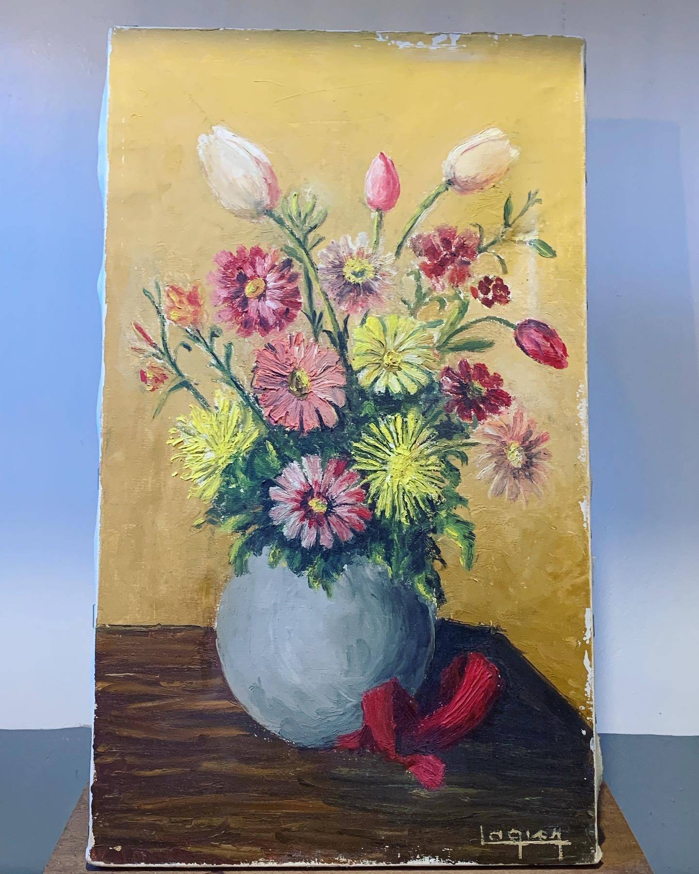 Painting the bouquet of flowers signed Lagier, canvas stretched on vintage frame