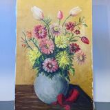 Painting the bouquet of flowers signed Lagier, canvas stretched on vintage frame