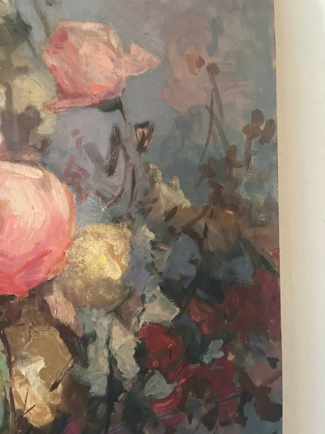 Large bouquet of roses, oil on wood panel, signed