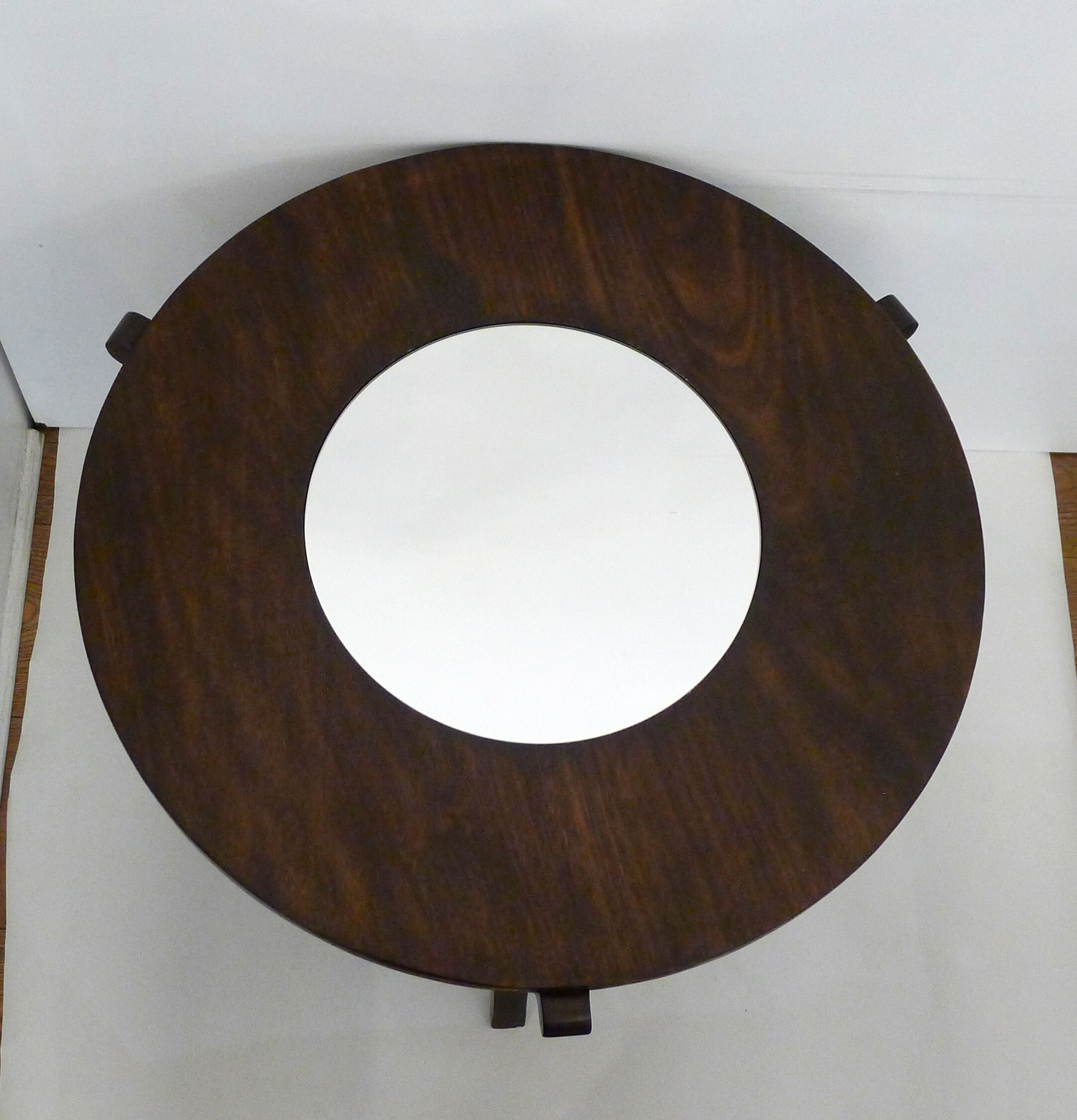 Table basse ronde Art Déco bois foncé & miroir